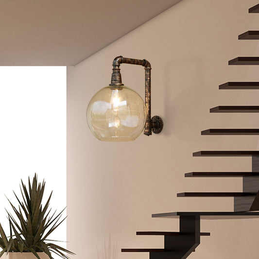 Globe Stairway Wall Lamp Industrial Clear Glass 1 Light Aged Brass Wall Mount Light with Angle Pipe, 8"/10" Width Clearhalo 'Cast Iron' 'Glass' 'Industrial wall lights' 'Industrial' 'Middle century wall lights' 'Modern' 'Tiffany' 'Traditional wall lights' 'Wall Lamps & Sconces' 'Wall Lights' Lighting' 146742