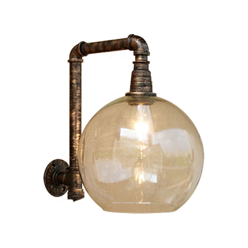Globe Stairway Wall Lamp Industrial Clear Glass 1 Light Aged Brass Wall Mount Light with Angle Pipe, 8"/10" Width Clearhalo 'Cast Iron' 'Glass' 'Industrial wall lights' 'Industrial' 'Middle century wall lights' 'Modern' 'Tiffany' 'Traditional wall lights' 'Wall Lamps & Sconces' 'Wall Lights' Lighting' 146743