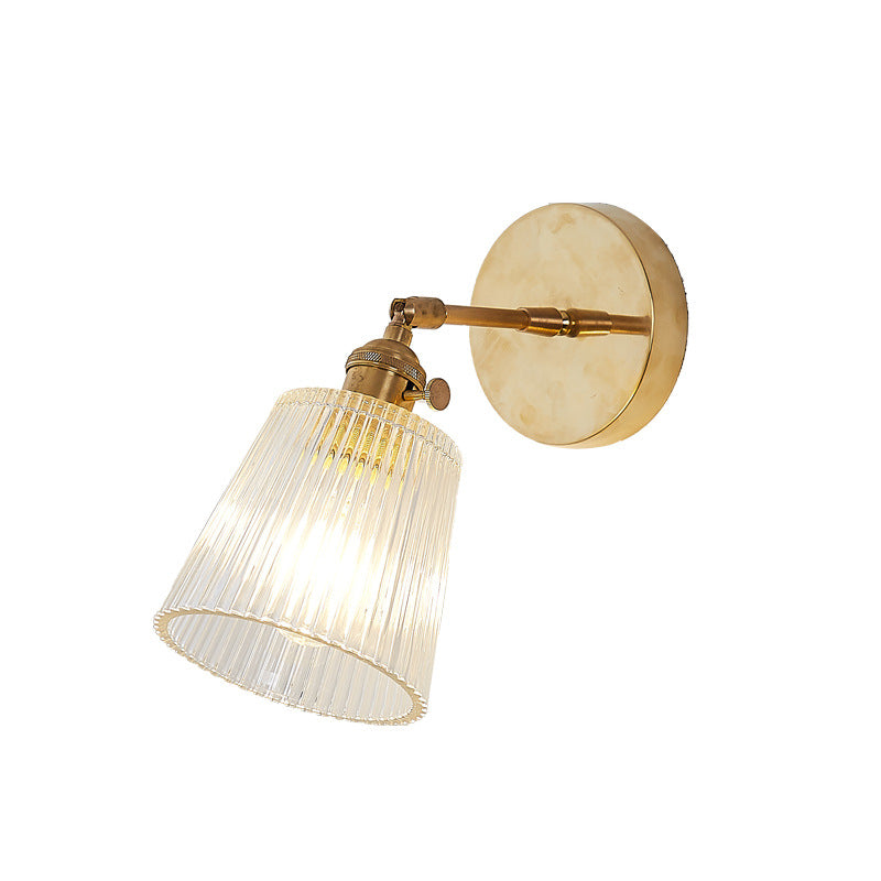1 Light Clear Ribbed Glass Wall Sconce Light Industrial Brass Cone Living Room Lighting Fixture Clearhalo 'Cast Iron' 'Glass' 'Industrial wall lights' 'Industrial' 'Middle century wall lights' 'Modern' 'Tiffany' 'Traditional wall lights' 'Wall Lamps & Sconces' 'Wall Lights' Lighting' 146775