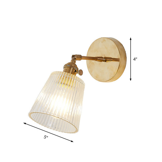 1 Light Clear Ribbed Glass Wall Sconce Light Industrial Brass Cone Living Room Lighting Fixture Clearhalo 'Cast Iron' 'Glass' 'Industrial wall lights' 'Industrial' 'Middle century wall lights' 'Modern' 'Tiffany' 'Traditional wall lights' 'Wall Lamps & Sconces' 'Wall Lights' Lighting' 146776