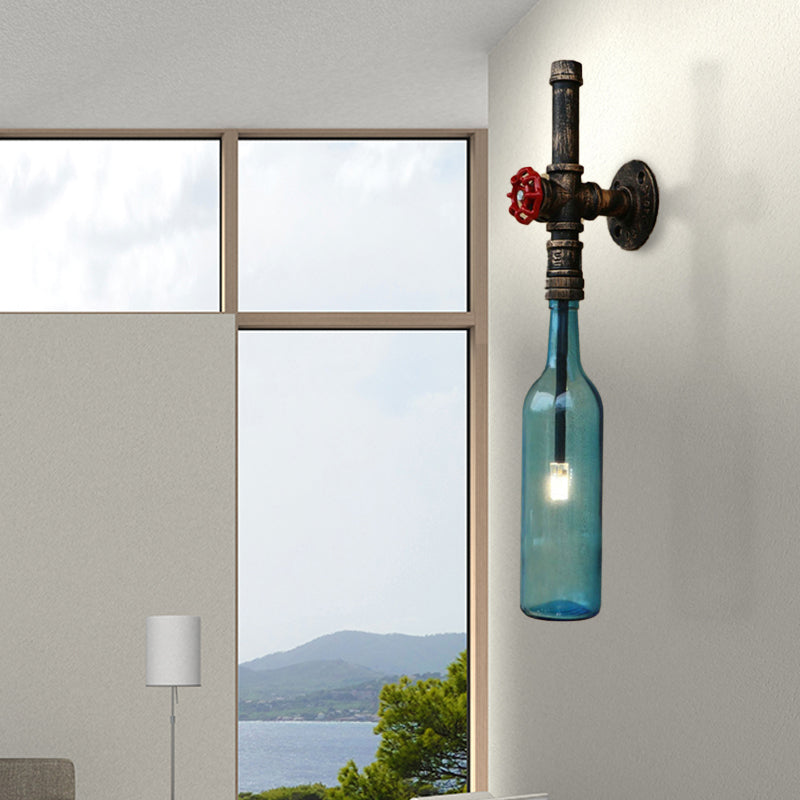 Glass Wine Bottle Wall Lighting Rustic Industrial 1 Light Restaurant Blue/Clear Wall Sconce Light with Red Valve Blue Clearhalo 'Cast Iron' 'Glass' 'Industrial wall lights' 'Industrial' 'Middle century wall lights' 'Modern' 'Tiffany' 'Traditional wall lights' 'Wall Lamps & Sconces' 'Wall Lights' Lighting' 146787