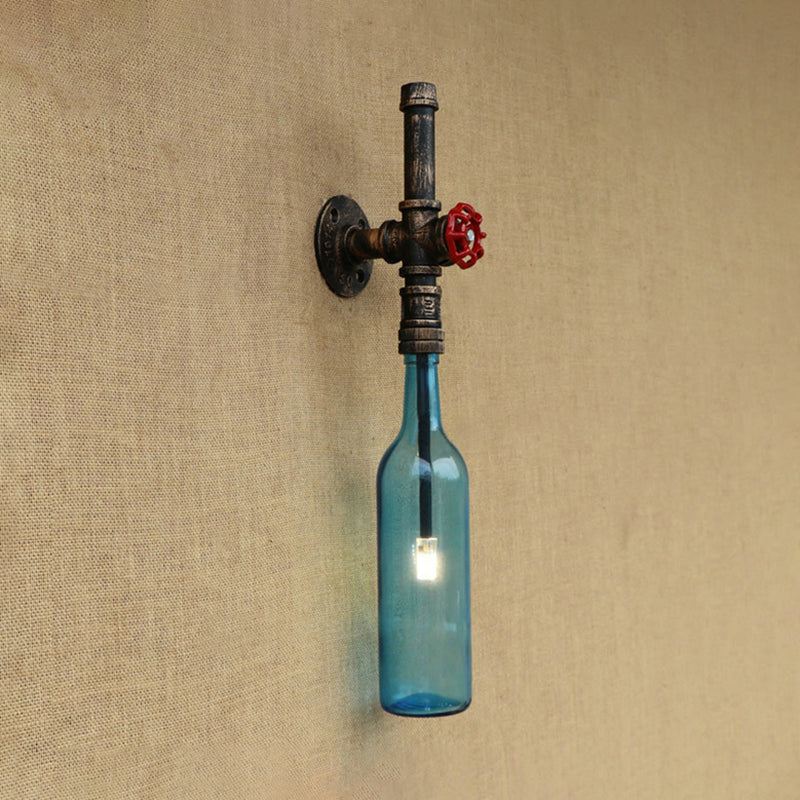 Glass Wine Bottle Wall Lighting Rustic Industrial 1 Light Restaurant Blue/Clear Wall Sconce Light with Red Valve Clearhalo 'Cast Iron' 'Glass' 'Industrial wall lights' 'Industrial' 'Middle century wall lights' 'Modern' 'Tiffany' 'Traditional wall lights' 'Wall Lamps & Sconces' 'Wall Lights' Lighting' 146788