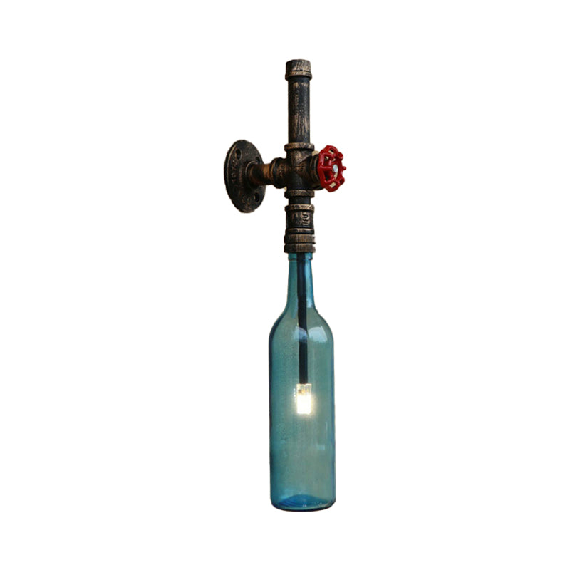 Glass Wine Bottle Wall Lighting Rustic Industrial 1 Light Restaurant Blue/Clear Wall Sconce Light with Red Valve Clearhalo 'Cast Iron' 'Glass' 'Industrial wall lights' 'Industrial' 'Middle century wall lights' 'Modern' 'Tiffany' 'Traditional wall lights' 'Wall Lamps & Sconces' 'Wall Lights' Lighting' 146789