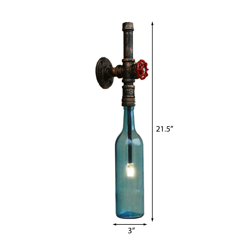 Glass Wine Bottle Wall Lighting Rustic Industrial 1 Light Restaurant Blue/Clear Wall Sconce Light with Red Valve Clearhalo 'Cast Iron' 'Glass' 'Industrial wall lights' 'Industrial' 'Middle century wall lights' 'Modern' 'Tiffany' 'Traditional wall lights' 'Wall Lamps & Sconces' 'Wall Lights' Lighting' 146790