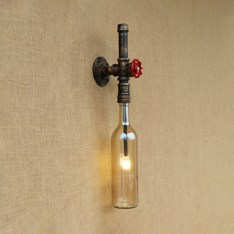 Glass Wine Bottle Wall Lighting Rustic Industrial 1 Light Restaurant Blue/Clear Wall Sconce Light with Red Valve Amber Clearhalo 'Cast Iron' 'Glass' 'Industrial wall lights' 'Industrial' 'Middle century wall lights' 'Modern' 'Tiffany' 'Traditional wall lights' 'Wall Lamps & Sconces' 'Wall Lights' Lighting' 146791