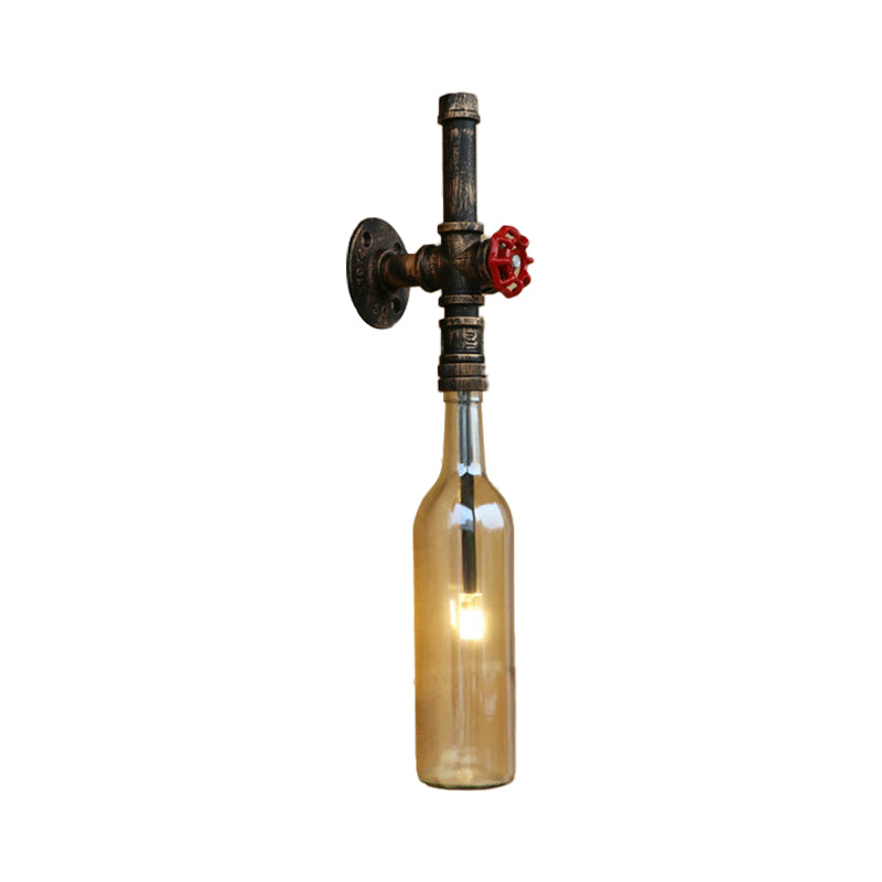 Glass Wine Bottle Wall Lighting Rustic Industrial 1 Light Restaurant Blue/Clear Wall Sconce Light with Red Valve Clearhalo 'Cast Iron' 'Glass' 'Industrial wall lights' 'Industrial' 'Middle century wall lights' 'Modern' 'Tiffany' 'Traditional wall lights' 'Wall Lamps & Sconces' 'Wall Lights' Lighting' 146792