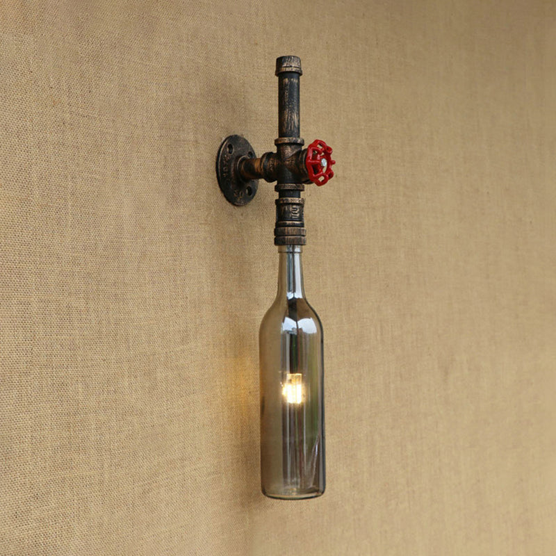 Glass Wine Bottle Wall Lighting Rustic Industrial 1 Light Restaurant Blue/Clear Wall Sconce Light with Red Valve Smoke Gray Clearhalo 'Cast Iron' 'Glass' 'Industrial wall lights' 'Industrial' 'Middle century wall lights' 'Modern' 'Tiffany' 'Traditional wall lights' 'Wall Lamps & Sconces' 'Wall Lights' Lighting' 146793