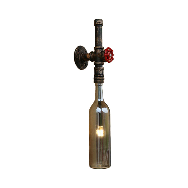 Glass Wine Bottle Wall Lighting Rustic Industrial 1 Light Restaurant Blue/Clear Wall Sconce Light with Red Valve Clearhalo 'Cast Iron' 'Glass' 'Industrial wall lights' 'Industrial' 'Middle century wall lights' 'Modern' 'Tiffany' 'Traditional wall lights' 'Wall Lamps & Sconces' 'Wall Lights' Lighting' 146794