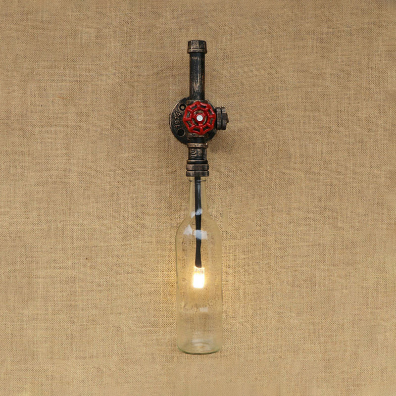 Glass Wine Bottle Wall Lighting Rustic Industrial 1 Light Restaurant Blue/Clear Wall Sconce Light with Red Valve Clear Clearhalo 'Cast Iron' 'Glass' 'Industrial wall lights' 'Industrial' 'Middle century wall lights' 'Modern' 'Tiffany' 'Traditional wall lights' 'Wall Lamps & Sconces' 'Wall Lights' Lighting' 146795