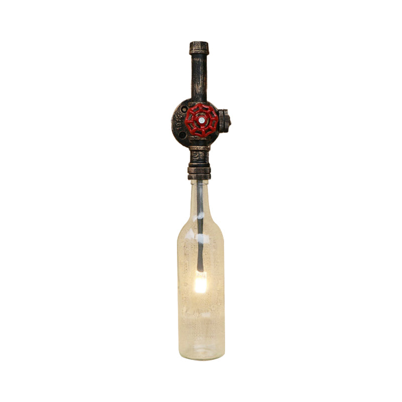 Glass Wine Bottle Wall Lighting Rustic Industrial 1 Light Restaurant Blue/Clear Wall Sconce Light with Red Valve Clearhalo 'Cast Iron' 'Glass' 'Industrial wall lights' 'Industrial' 'Middle century wall lights' 'Modern' 'Tiffany' 'Traditional wall lights' 'Wall Lamps & Sconces' 'Wall Lights' Lighting' 146796