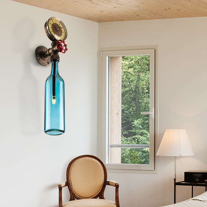 Brown/Blue Bottle Wall Sconce Lamp Vintage Stylish Glass 1 Bulb Living Room Wall Lighting with Gauge and Valve Blue Clearhalo 'Cast Iron' 'Glass' 'Industrial wall lights' 'Industrial' 'Middle century wall lights' 'Modern' 'Tiffany' 'Traditional wall lights' 'Wall Lamps & Sconces' 'Wall Lights' Lighting' 146801
