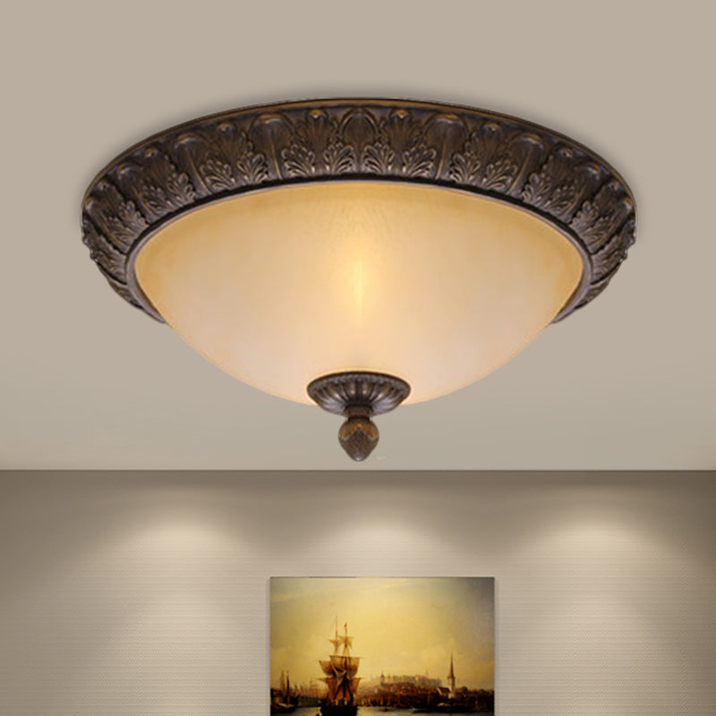 12.5"/15" Wide LED Flush Lamp Vintage Semi-Ball Amber Glass Ceiling Fixture in Brass for Balcony Brass Clearhalo 'Ceiling Lights' 'Close To Ceiling Lights' 'Close to ceiling' 'Flush mount' Lighting' 1468049