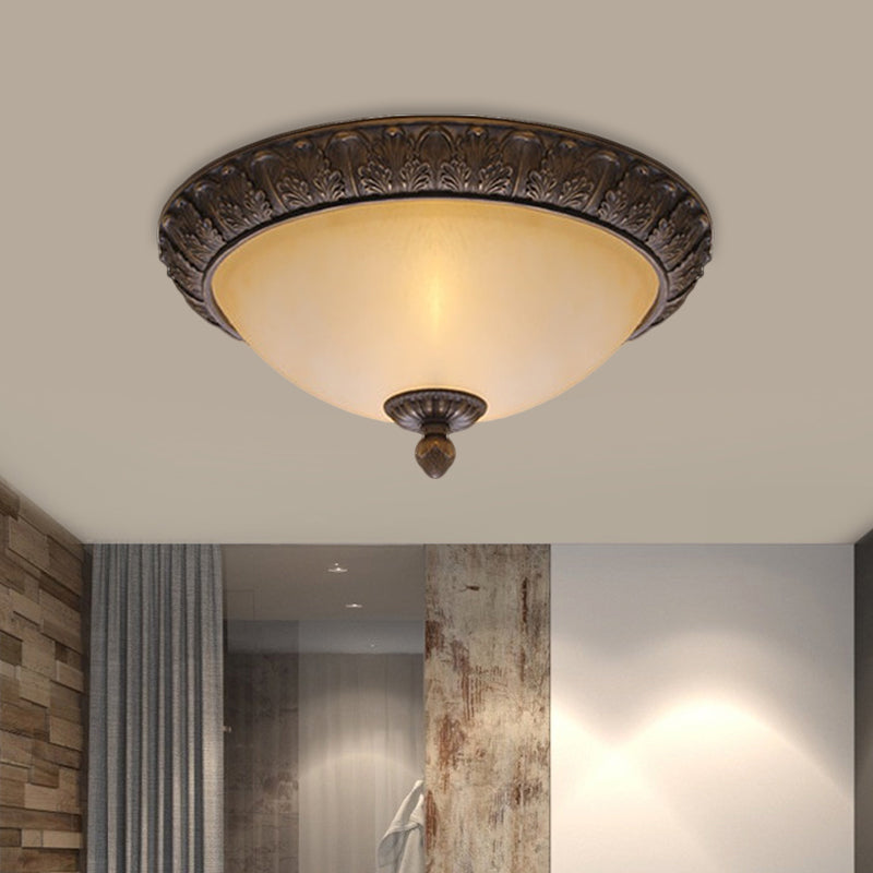 12.5"/15" Wide LED Flush Lamp Vintage Semi-Ball Amber Glass Ceiling Fixture in Brass for Balcony Clearhalo 'Ceiling Lights' 'Close To Ceiling Lights' 'Close to ceiling' 'Flush mount' Lighting' 1468050