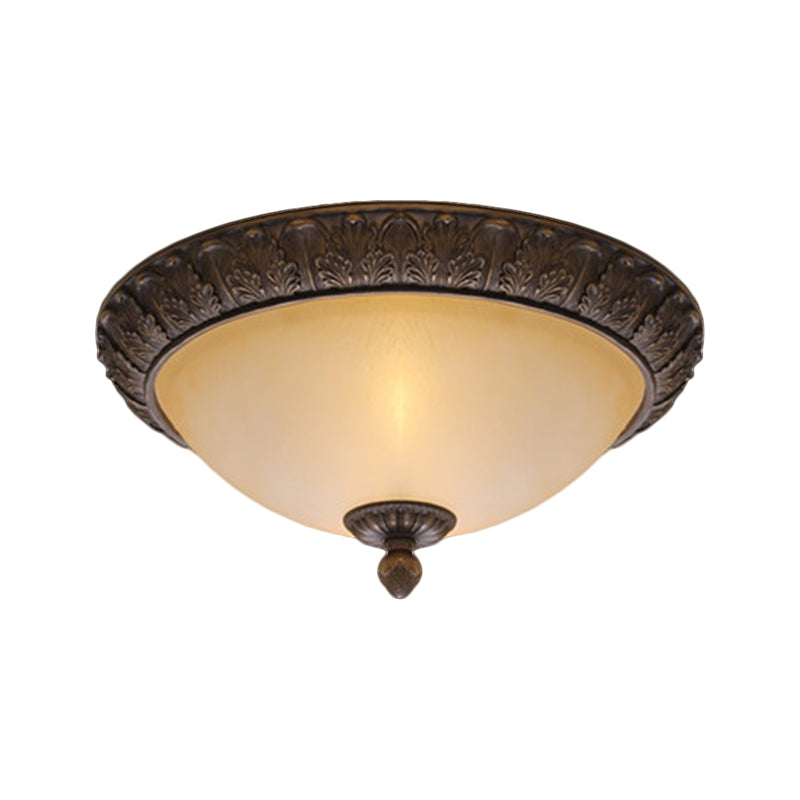 12.5"/15" Wide LED Flush Lamp Vintage Semi-Ball Amber Glass Ceiling Fixture in Brass for Balcony Clearhalo 'Ceiling Lights' 'Close To Ceiling Lights' 'Close to ceiling' 'Flush mount' Lighting' 1468051