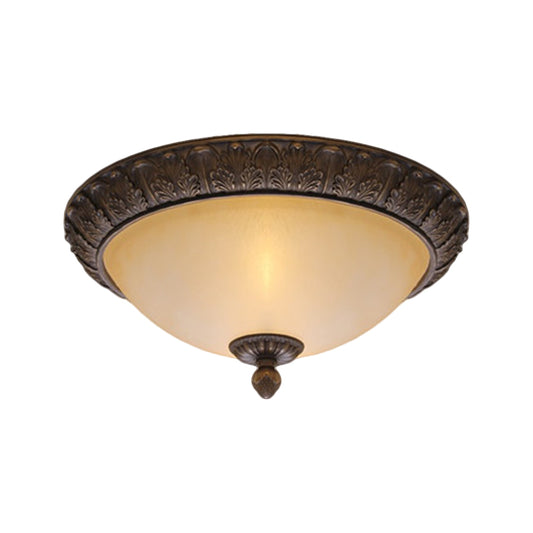 12.5"/15" Wide LED Flush Lamp Vintage Semi-Ball Amber Glass Ceiling Fixture in Brass for Balcony Clearhalo 'Ceiling Lights' 'Close To Ceiling Lights' 'Close to ceiling' 'Flush mount' Lighting' 1468051