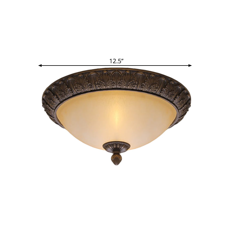 12.5"/15" Wide LED Flush Lamp Vintage Semi-Ball Amber Glass Ceiling Fixture in Brass for Balcony Clearhalo 'Ceiling Lights' 'Close To Ceiling Lights' 'Close to ceiling' 'Flush mount' Lighting' 1468052