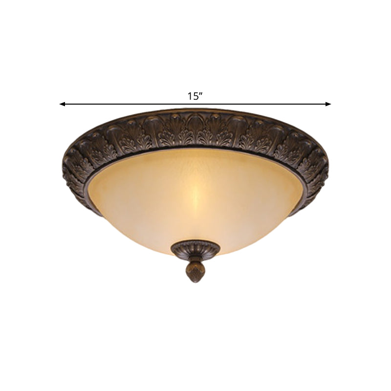 12.5"/15" Wide LED Flush Lamp Vintage Semi-Ball Amber Glass Ceiling Fixture in Brass for Balcony Clearhalo 'Ceiling Lights' 'Close To Ceiling Lights' 'Close to ceiling' 'Flush mount' Lighting' 1468053