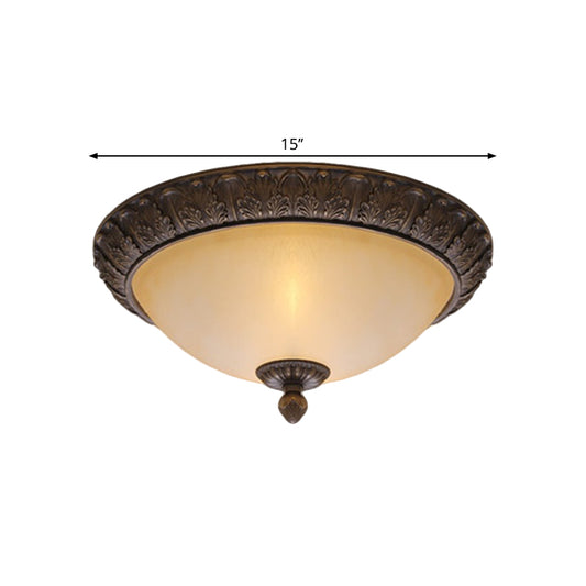 12.5"/15" Wide LED Flush Lamp Vintage Semi-Ball Amber Glass Ceiling Fixture in Brass for Balcony Clearhalo 'Ceiling Lights' 'Close To Ceiling Lights' 'Close to ceiling' 'Flush mount' Lighting' 1468053