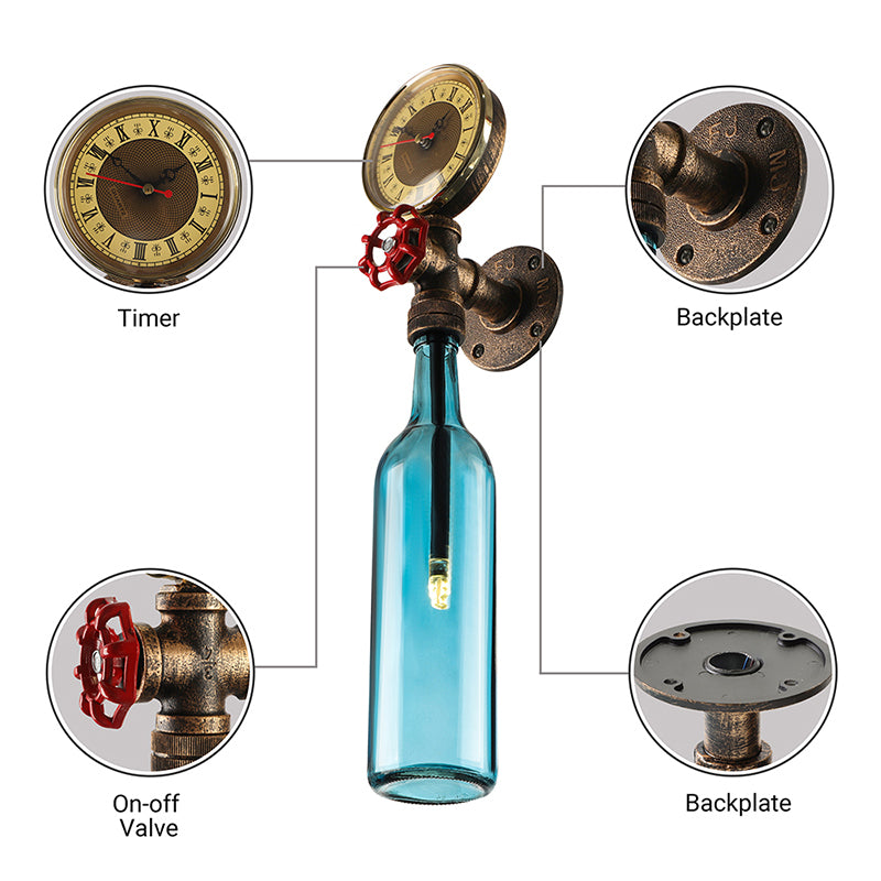 Brown/Blue Bottle Wall Sconce Lamp Vintage Stylish Glass 1 Bulb Living Room Wall Lighting with Gauge and Valve Clearhalo 'Cast Iron' 'Glass' 'Industrial wall lights' 'Industrial' 'Middle century wall lights' 'Modern' 'Tiffany' 'Traditional wall lights' 'Wall Lamps & Sconces' 'Wall Lights' Lighting' 146806