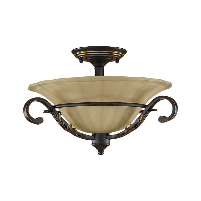 Bronze Bell Shape Flush Lamp Countryside Ribbed Opal Glass 3-Head Corridor Close to Ceiling Light