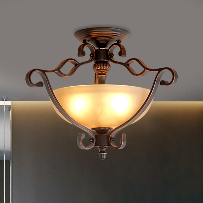 Frosted Glass Bowl Semi Flush Rustic Style LED Bedroom Flush Mount Light Fixture in Bronze Bronze Clearhalo 'Ceiling Lights' 'Close To Ceiling Lights' 'Close to ceiling' 'Glass shade' 'Glass' 'Pendant Lights' 'Semi-flushmount' Lighting' 1468063