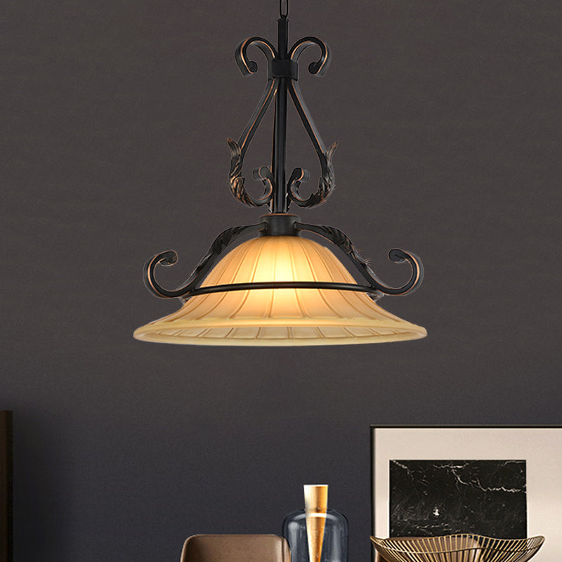 Rural Style Bell Pendulum Light Ribbed Glass LED Suspension Lighting in Bronze for Bedroom Clearhalo 'Ceiling Lights' 'Glass shade' 'Glass' 'Pendant Lights' 'Pendants' Lighting' 1468068