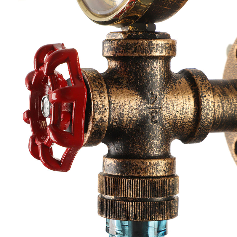 Brown/Blue Bottle Wall Sconce Lamp Vintage Stylish Glass 1 Bulb Living Room Wall Lighting with Gauge and Valve Clearhalo 'Cast Iron' 'Glass' 'Industrial wall lights' 'Industrial' 'Middle century wall lights' 'Modern' 'Tiffany' 'Traditional wall lights' 'Wall Lamps & Sconces' 'Wall Lights' Lighting' 146807