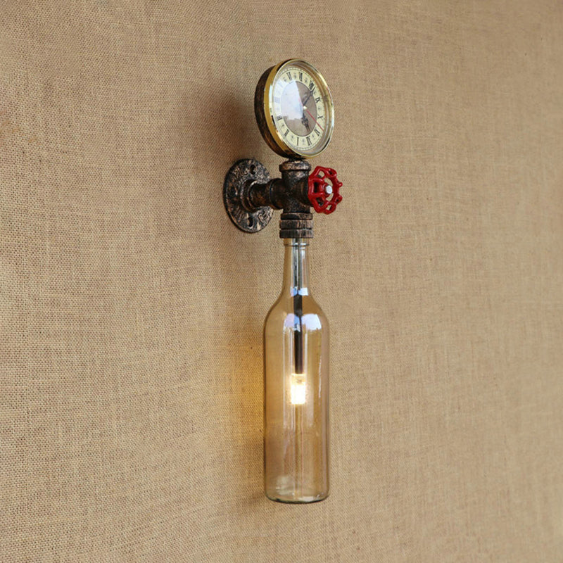 Brown/Blue Bottle Wall Sconce Lamp Vintage Stylish Glass 1 Bulb Living Room Wall Lighting with Gauge and Valve Amber Clearhalo 'Cast Iron' 'Glass' 'Industrial wall lights' 'Industrial' 'Middle century wall lights' 'Modern' 'Tiffany' 'Traditional wall lights' 'Wall Lamps & Sconces' 'Wall Lights' Lighting' 146808