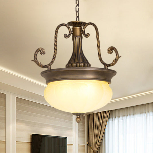 Opal Glass Domed Pendant Light Antiqued LED Corridor Hanging Lamp Kit with Scroll Arm in Brass Brass Clearhalo 'Ceiling Lights' 'Glass shade' 'Glass' 'Pendant Lights' 'Pendants' Lighting' 1468083