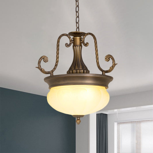Opal Glass Domed Pendant Light Antiqued LED Corridor Hanging Lamp Kit with Scroll Arm in Brass Clearhalo 'Ceiling Lights' 'Glass shade' 'Glass' 'Pendant Lights' 'Pendants' Lighting' 1468084