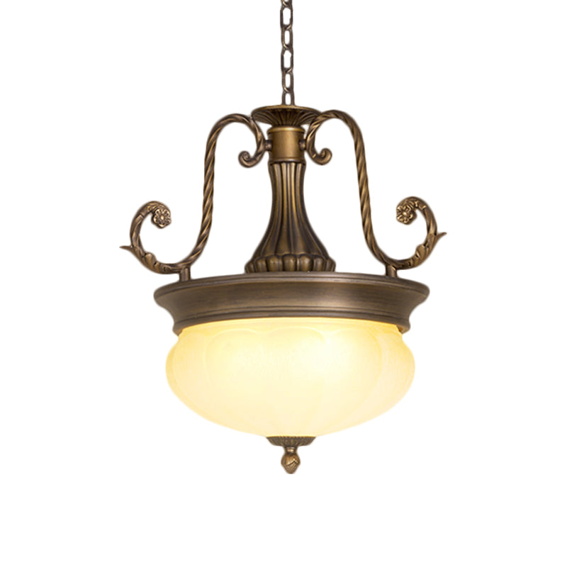 Opal Glass Domed Pendant Light Antiqued LED Corridor Hanging Lamp Kit with Scroll Arm in Brass Clearhalo 'Ceiling Lights' 'Glass shade' 'Glass' 'Pendant Lights' 'Pendants' Lighting' 1468085