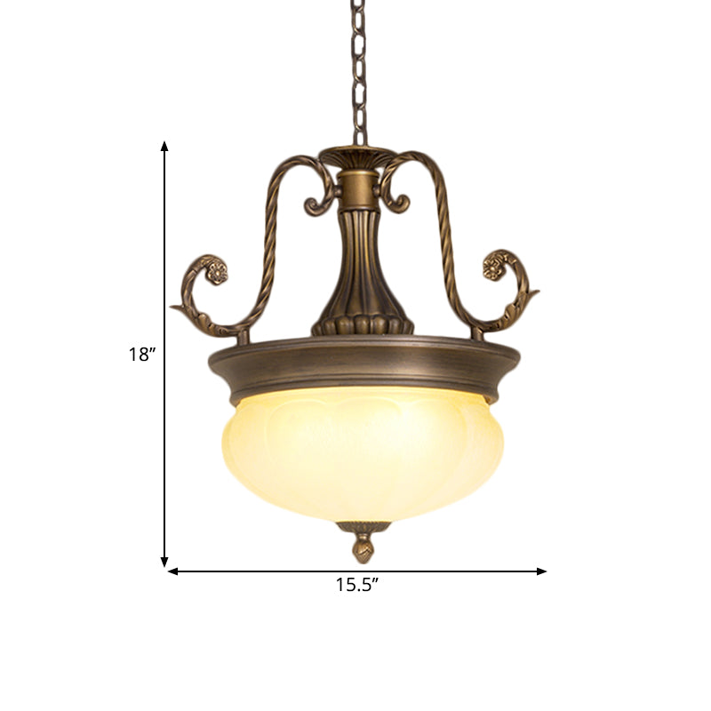 Opal Glass Domed Pendant Light Antiqued LED Corridor Hanging Lamp Kit with Scroll Arm in Brass Clearhalo 'Ceiling Lights' 'Glass shade' 'Glass' 'Pendant Lights' 'Pendants' Lighting' 1468086
