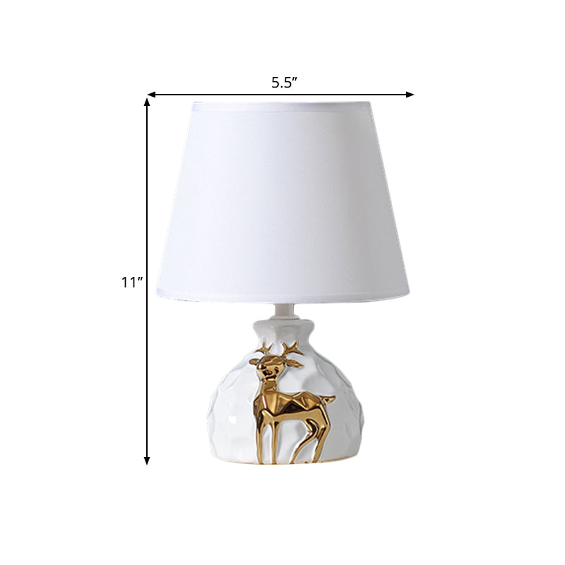 1-Bulb Tapered Desk Light Countryside White Fabric Night Table Lamp with Deer Vase Base, 11"/14"/15" Wide Clearhalo 'Lamps' 'Table Lamps' Lighting' 1468094