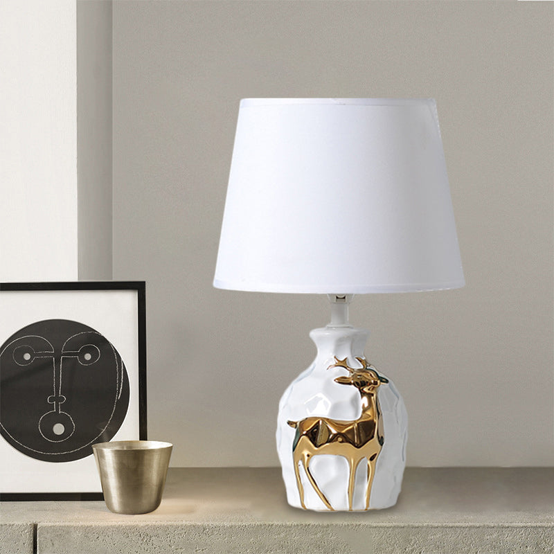 1-Bulb Tapered Desk Light Countryside White Fabric Night Table Lamp with Deer Vase Base, 11"/14"/15" Wide White 14" Clearhalo 'Lamps' 'Table Lamps' Lighting' 1468095