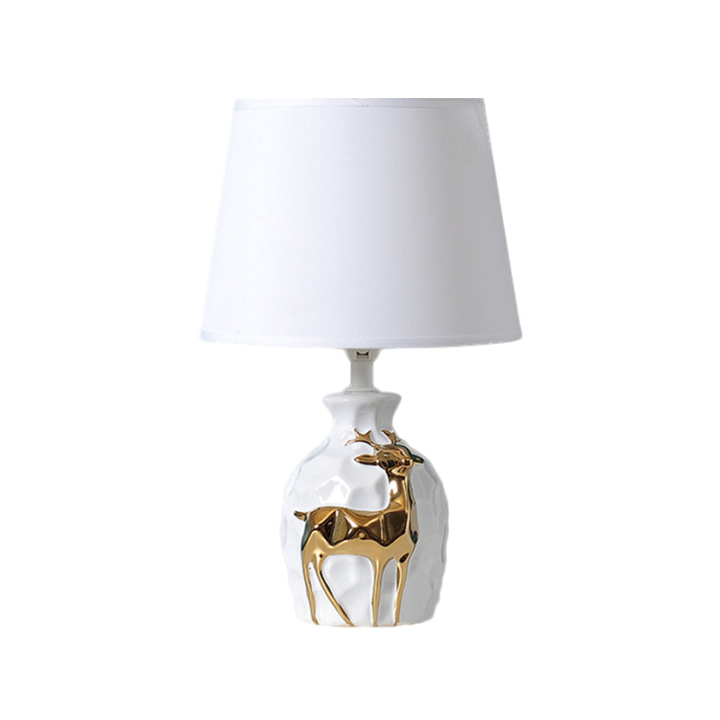 1-Bulb Tapered Desk Light Countryside White Fabric Night Table Lamp with Deer Vase Base, 11"/14"/15" Wide Clearhalo 'Lamps' 'Table Lamps' Lighting' 1468098