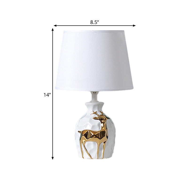 1-Bulb Tapered Desk Light Countryside White Fabric Night Table Lamp with Deer Vase Base, 11"/14"/15" Wide Clearhalo 'Lamps' 'Table Lamps' Lighting' 1468099