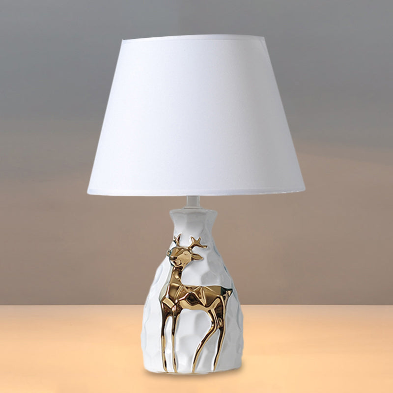 1-Bulb Tapered Desk Light Countryside White Fabric Night Table Lamp with Deer Vase Base, 11"/14"/15" Wide White 15" Clearhalo 'Lamps' 'Table Lamps' Lighting' 1468100