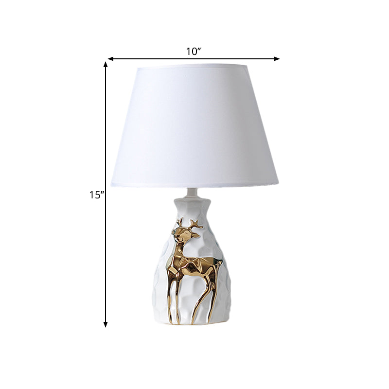 1-Bulb Tapered Desk Light Countryside White Fabric Night Table Lamp with Deer Vase Base, 11"/14"/15" Wide Clearhalo 'Lamps' 'Table Lamps' Lighting' 1468104