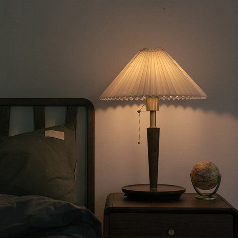 Fabric Fluted Cone Table Light Vintage Single Head Bedroom Reading Lamp with Wooden Base and Pull Chain in Dark Wood Clearhalo 'Lamps' 'Table Lamps' Lighting' 1468119