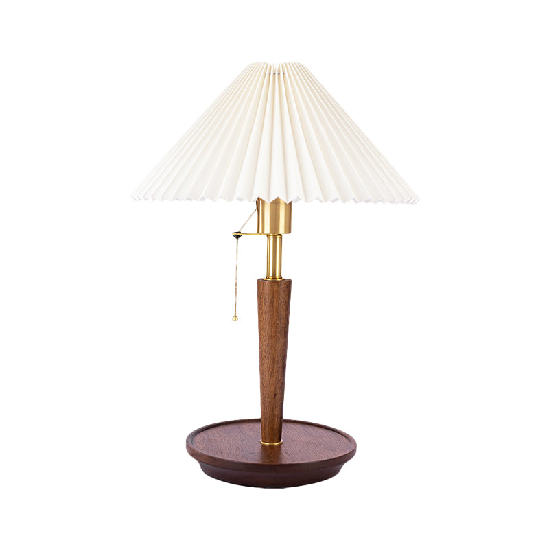 Fabric Fluted Cone Table Light Vintage Single Head Bedroom Reading Lamp with Wooden Base and Pull Chain in Dark Wood Clearhalo 'Lamps' 'Table Lamps' Lighting' 1468120