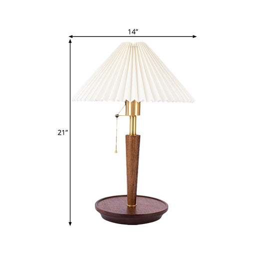 Fabric Fluted Cone Table Light Vintage Single Head Bedroom Reading Lamp with Wooden Base and Pull Chain in Dark Wood Clearhalo 'Lamps' 'Table Lamps' Lighting' 1468121