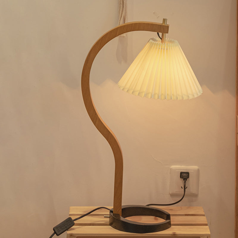 Retro Style Ribbed Conical Desk Lamp Single Light Fabric Night Table Lighting with Wood Curved Arm Wood Clearhalo 'Lamps' 'Table Lamps' Lighting' 1468122