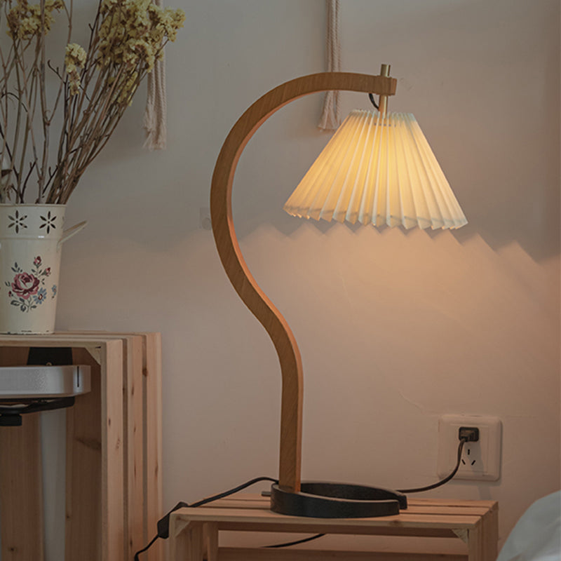 Retro Style Ribbed Conical Desk Lamp Single Light Fabric Night Table Lighting with Wood Curved Arm Clearhalo 'Lamps' 'Table Lamps' Lighting' 1468123