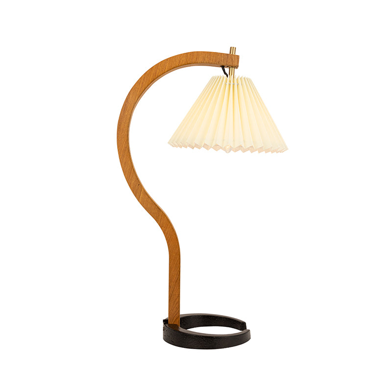 Retro Style Ribbed Conical Desk Lamp Single Light Fabric Night Table Lighting with Wood Curved Arm Clearhalo 'Lamps' 'Table Lamps' Lighting' 1468124
