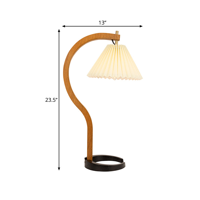 Retro Style Ribbed Conical Desk Lamp Single Light Fabric Night Table Lighting with Wood Curved Arm Clearhalo 'Lamps' 'Table Lamps' Lighting' 1468125