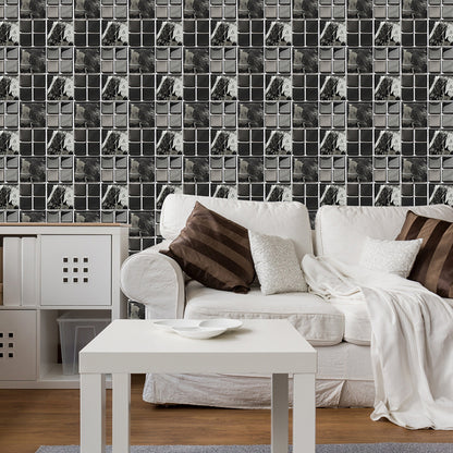 Modern Marble Tile Wallpaper Panel Set Grey-Black Bathroom Stick on Wall Decor, 4' x 4" Gray-Black Clearhalo 'Wall Decor' 'Wallpaper' 1468381
