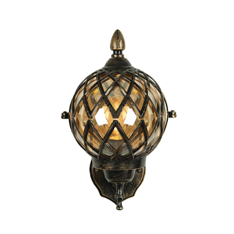 1 Light Amber Glass Wall Sconce Light Industrial Black Globe Dining Room Lighting Fixture with Cage Clearhalo 'Art deco wall lights' 'Cast Iron' 'Glass' 'Industrial wall lights' 'Industrial' 'Middle century wall lights' 'Modern' 'Rustic wall lights' 'Tiffany' 'Traditional wall lights' 'Wall Lamps & Sconces' 'Wall Lights' Lighting' 146842