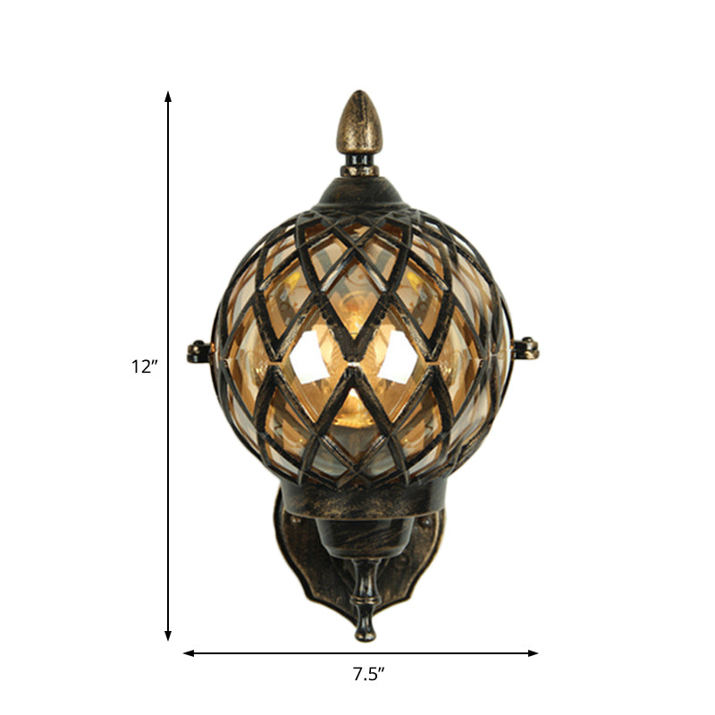 1 Light Amber Glass Wall Sconce Light Industrial Black Globe Dining Room Lighting Fixture with Cage Clearhalo 'Art deco wall lights' 'Cast Iron' 'Glass' 'Industrial wall lights' 'Industrial' 'Middle century wall lights' 'Modern' 'Rustic wall lights' 'Tiffany' 'Traditional wall lights' 'Wall Lamps & Sconces' 'Wall Lights' Lighting' 146843