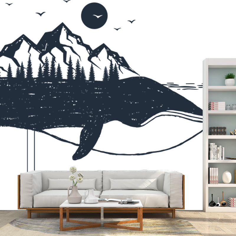 Mountain on the Whale Mural Black and White Modern Art Wall Covering for Bedroom Black-White Clearhalo 'Wall Decor' 'Wall Mural' 1468552