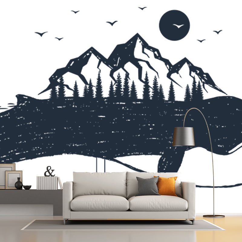 Mountain on the Whale Mural Black and White Modern Art Wall Covering for Bedroom Clearhalo 'Wall Decor' 'Wall Mural' 1468553